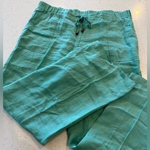 Style & Co 100% Linen Pants 12 Large Green Turquoise Beach Bright Elastic Waist